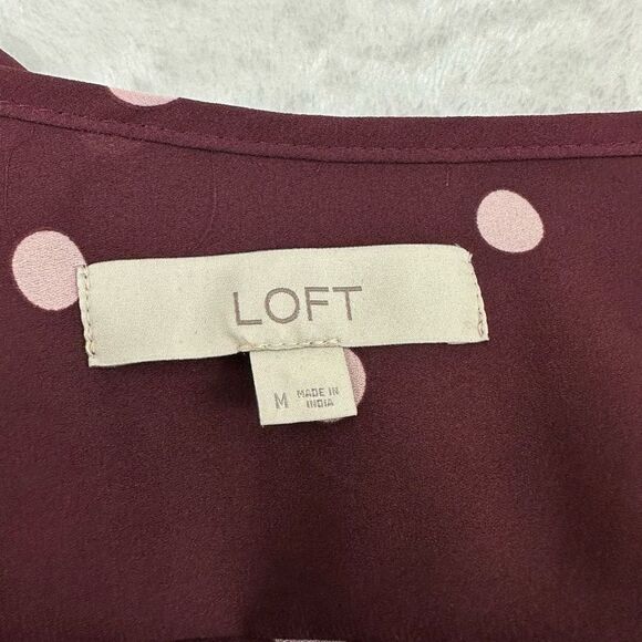 Loft Women's Size M Long Sleeve Split Neck Peplum Blouse Maroon With White Dots - Picture 6 of 11